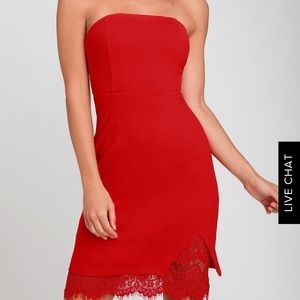 Lulus’s MATEO RED LACE STRAPLESS BODYCON DRESS